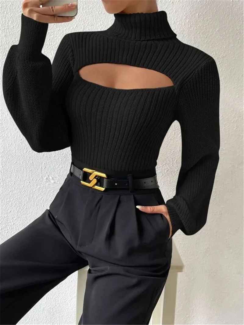 Hollow Out Knit Sweater Pullover For Women Turtleneck Fashion Ribbed High Street Long Sleeve Knitwear Loose Sweater Female