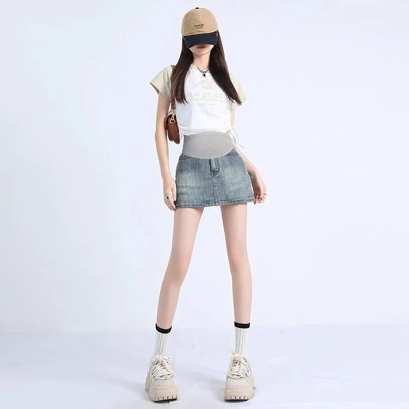 임산부를 위한 미니 핫 A 라인 데님 스커트, 빈티지 캐주얼 하이 웨이스트 배 밑, 출산 여름 24SS Y2k 청소년 임신