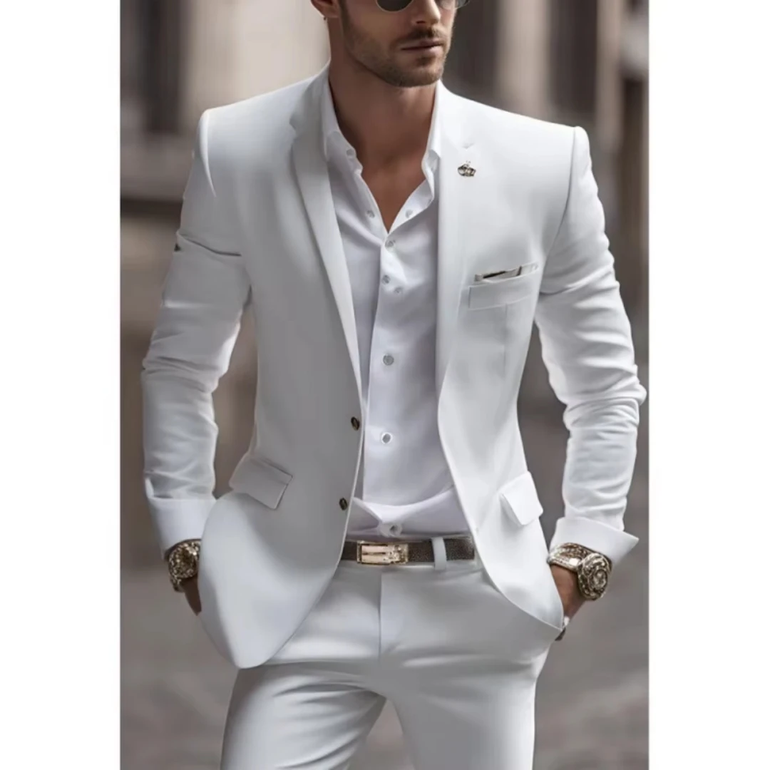 White Slim Fit Men's 2-Piece Tuxedo Notch Lapel Two Buttons Business Wedding Prom Groom Suit Jacket And Pants Set Men Clothing
