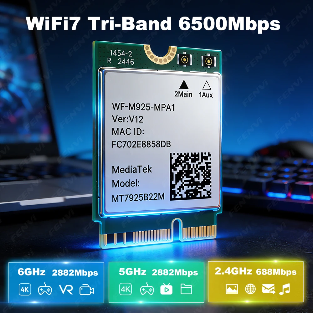 MT7925 WiFi 7 BE6500 M.2 네트워크 카드 블루투스 5.4 트라이 밴드 2.4G 5Ghz 6GHz 802.11BE NGFF WiFi7 카드 AMD PC 윈도우 10/11용