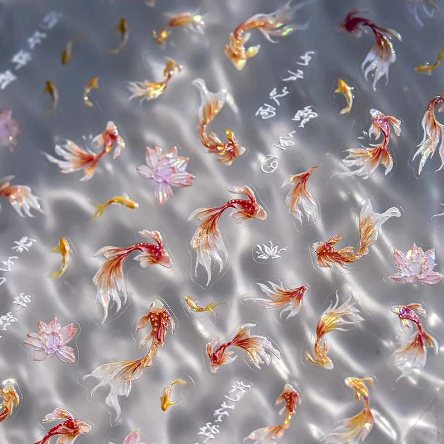 5D rich goldfish nail stickers lotus carp ribbons nail art appliqu&eacute;s handmade creative art decorations nail stickers