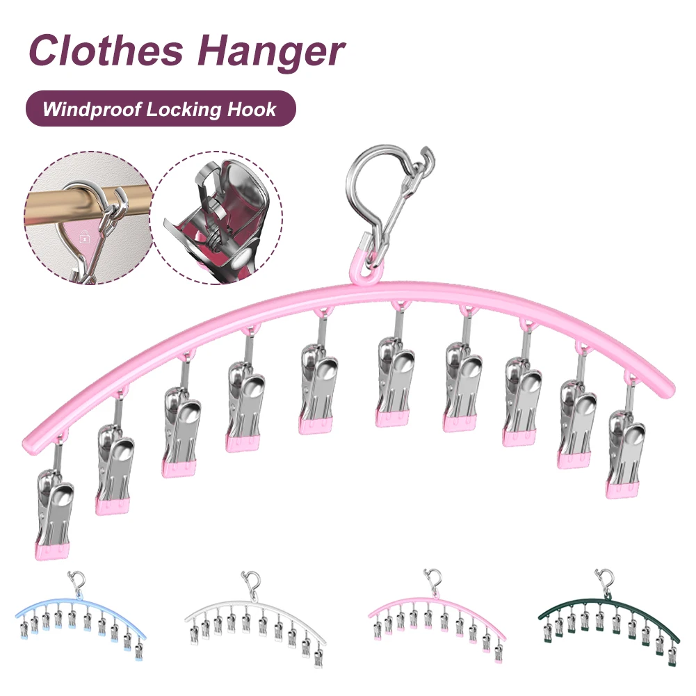 

Clothes Hanger With 10 Clips Stainless Steel Laundry Drying Rack Sock Hanger Clip For Bras Towel Underwear Diaper Baby Clothes