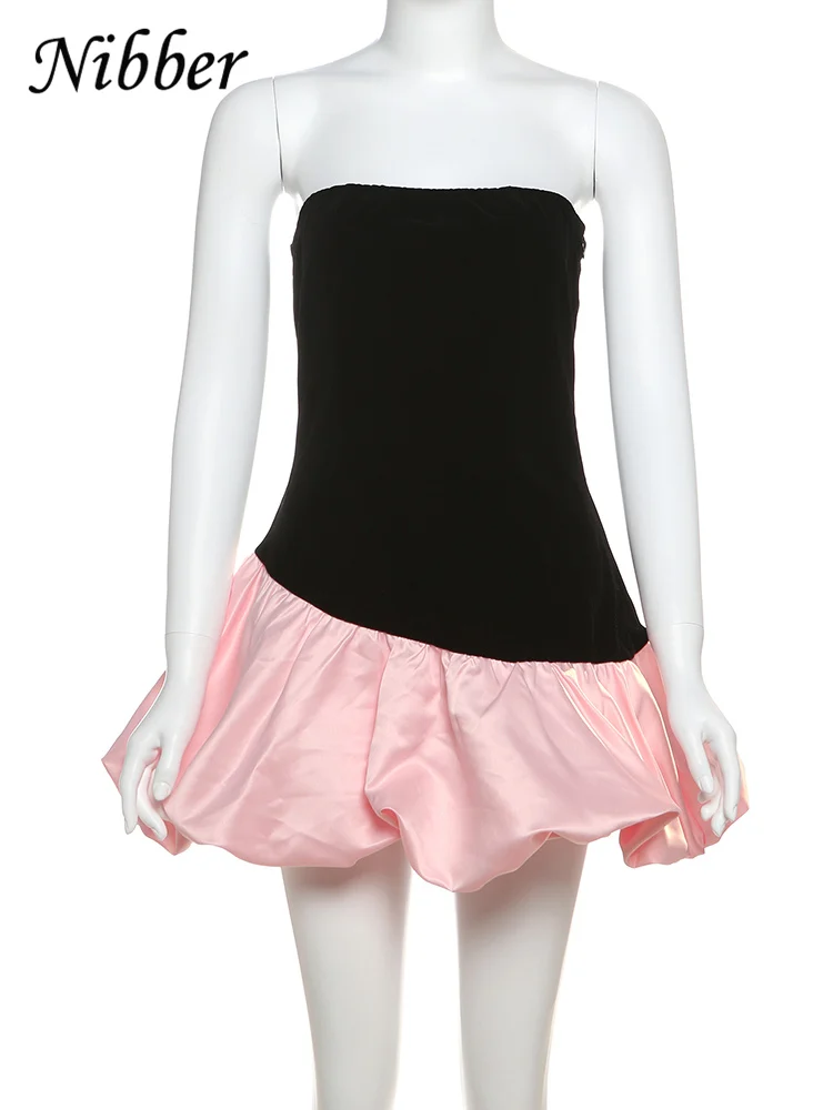 Nibber Summer Puffy Dress Women Y2K Elegant Irregular Velvet Patchwork Strapless Midnight Birthday Party Sweet Banquet Bodycon