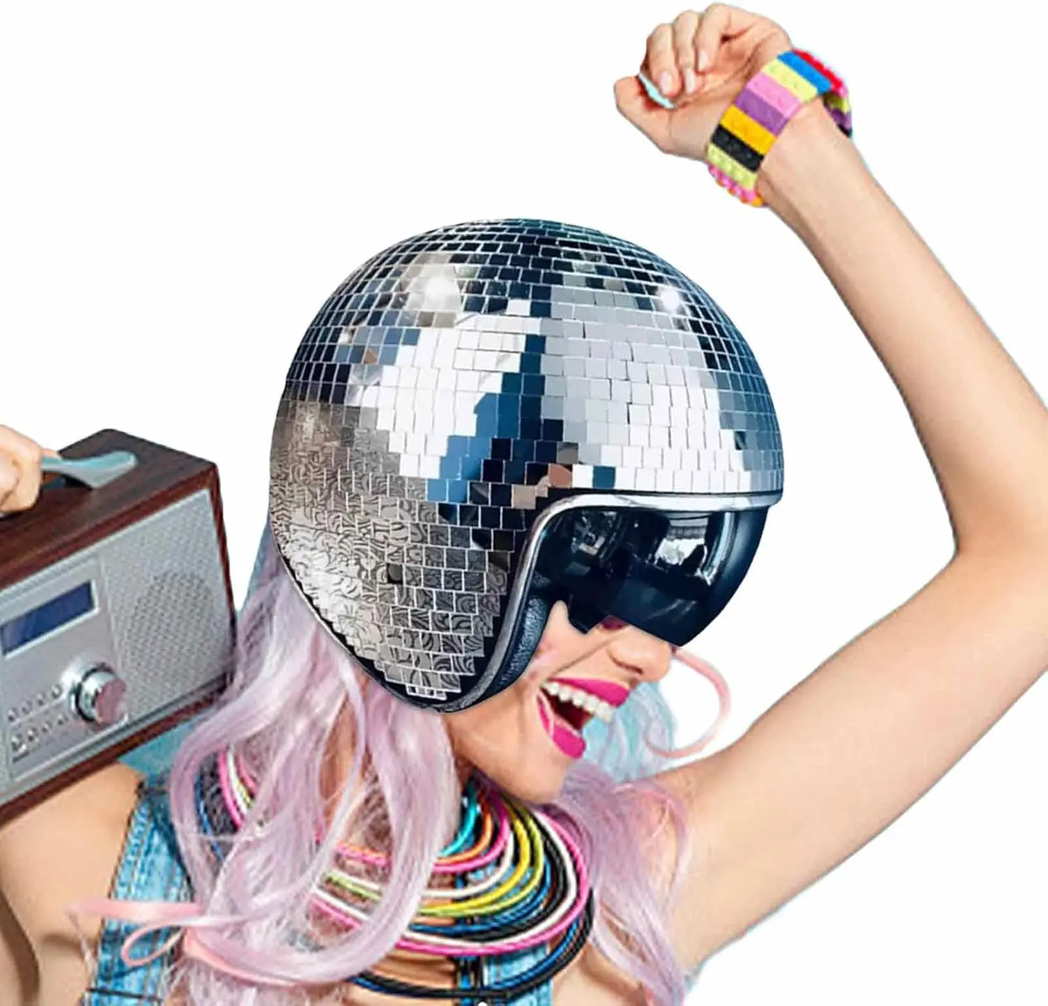 Party Hat Carnival Hat Drinking Helmet Classic Disco Ball Helmet Full Glass Reflective Motorcycle Helmets Mirror Glitter Ball for Club Bar Party Cowboy