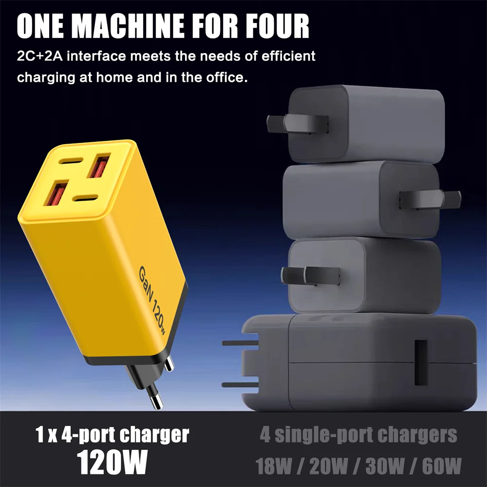 120W USB C Charger 4 Ports Fast Charging EU/US/UK Plug Wall Charger Adapter For