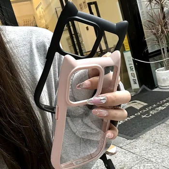 Cute Cat Ear Transparent Case For iPhone 17Air 12 13 14 15 Pro Max 11 16 Shockproof Acrylic Back Cover Silicone Kawaii Funda 1