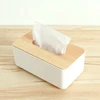Plastic Tissue Box Wooden Lid Square Napkin Holder Container Wet Tissue Paper Dispenser Case Modern Home Car Organizer 1