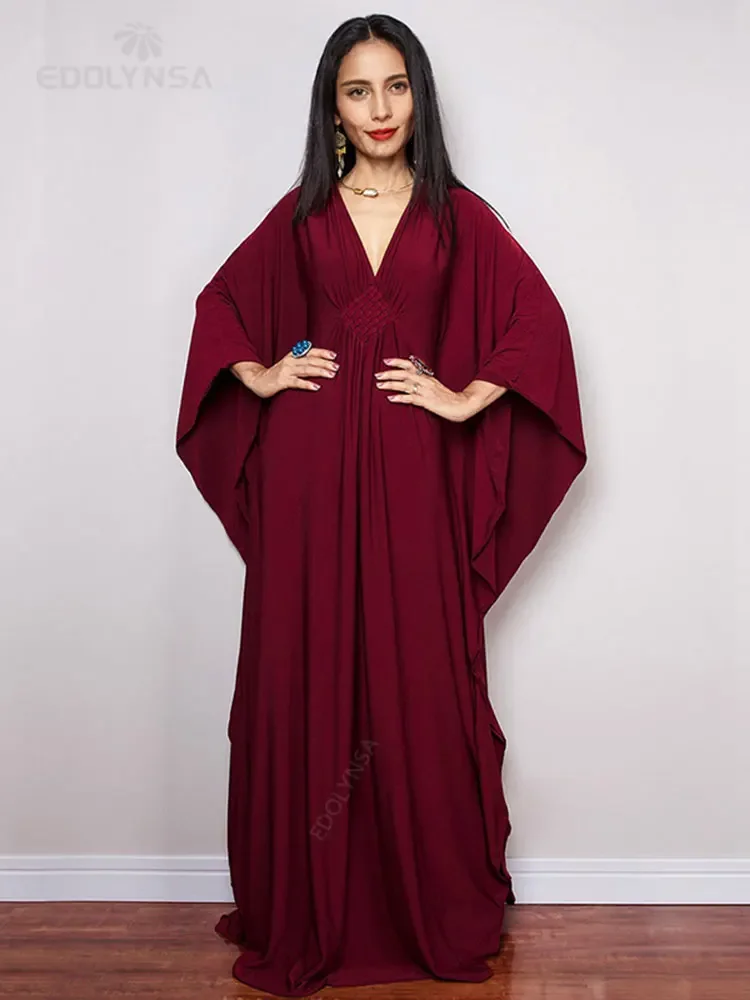 Solid V-neck Batwing Sleeve Plus Size Loose Maxi Dress For Women Summer Beach Wear Kaftan Long Bathing Suit Cover Up Q1306