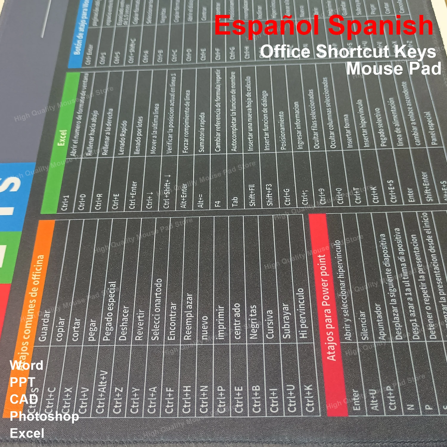 Espa&ntilde;ol Spanish Shortcut Keys Large Mouse Pad Office Long Keyborad Desk Mat Word PPT CAD Photoshop Excel Cheat Sheet Mousepad