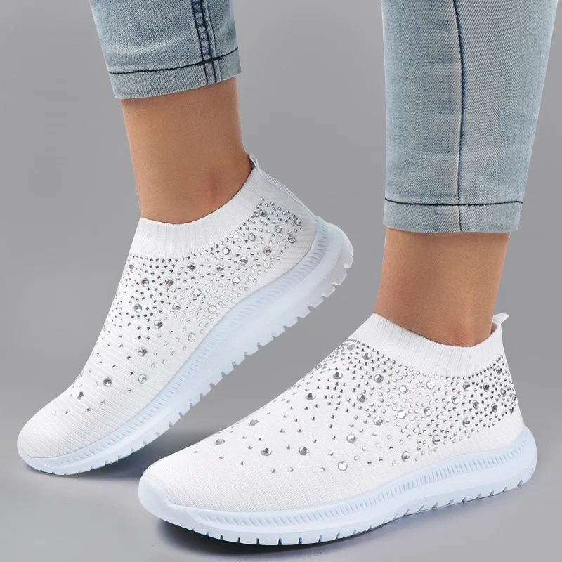 Large Size Rhinestone Elastic Sock Shoes, Casual Men's and Women's Sports Shoes, MD Sole Fly Woven Breathable Lightweight Shoes