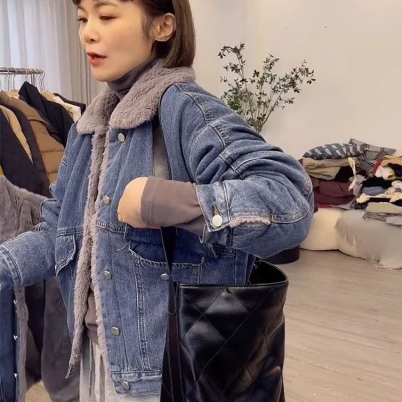 Woman Jean Coat Wool Inside Warm Denim Jacket for Women Outerwear