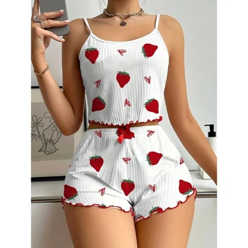Nuovo set di indumenti da notte con stampa di fragole Pigiama a costine da donna con cuori e fiocco Set da salotto morbido e confortevole con pantaloncini Carino estivo 1