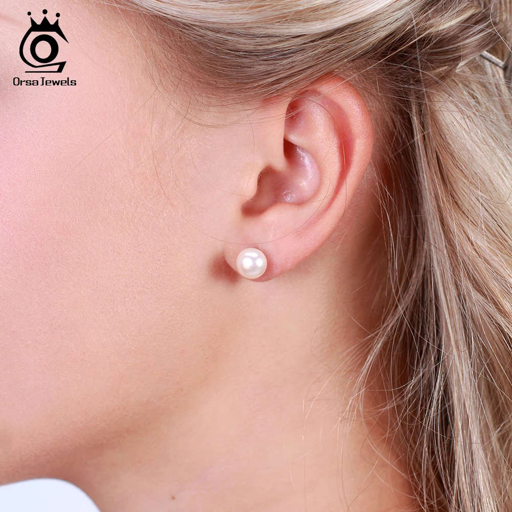 Genuine Fresh Water Pearl Stud Earrings 8 MM 925 Sterling Silver For Women silver earrings,pearl earrings,silver stud earrings,womens earrings