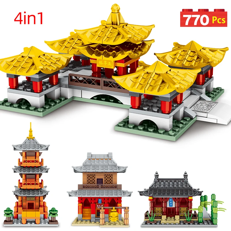 770pcs 4 in 1 City Chinese Classical Architecture Model Building Blocks Tower Palace House Bricks DIY Toys for Children Gifts