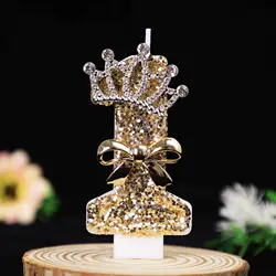 Gold Glitter Crown Number Birthday Candles with Rhinestone Bow - Elegant Cake Topper (1)