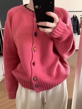 Women's Single Button Contrast Color Lazy Style Korean Style Sweater Loose Fit O-Neck Knitted Cardigan 2025 Autumn Winter Coat