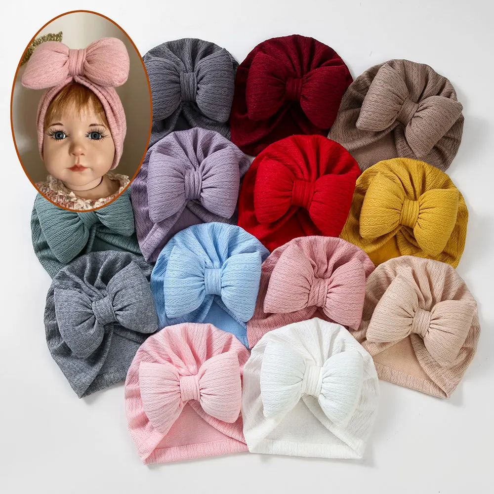 

New Big Bowknot Knitted Baby Hat Cute Solid Color Baby Girls Boys Hat Turban Soft Newborn Infant Cap Knitting Beanies Head Wraps