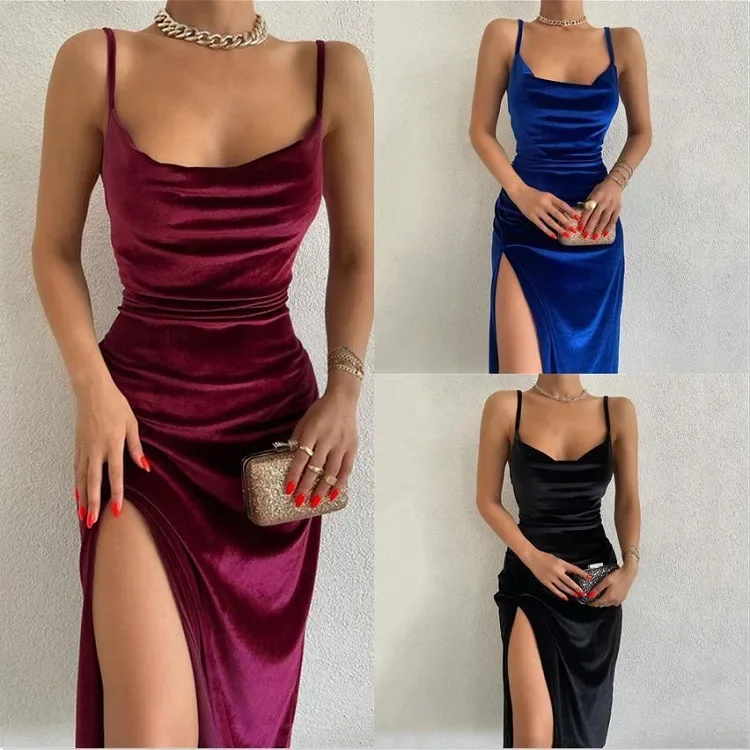 

European And American Summer New Sexy Slim Fit Split Velvet Strap Party Dress Dress Women's One Line Neck Sleeveless Long Dress