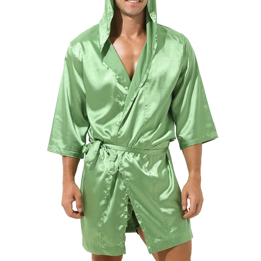 Men Hooded Silk Bathrobe Shorts Sleepwear Pajamas Nightwear Dress Gown Silk Satin Kimono Nightgown Bathrobe Shorts Night Clothes