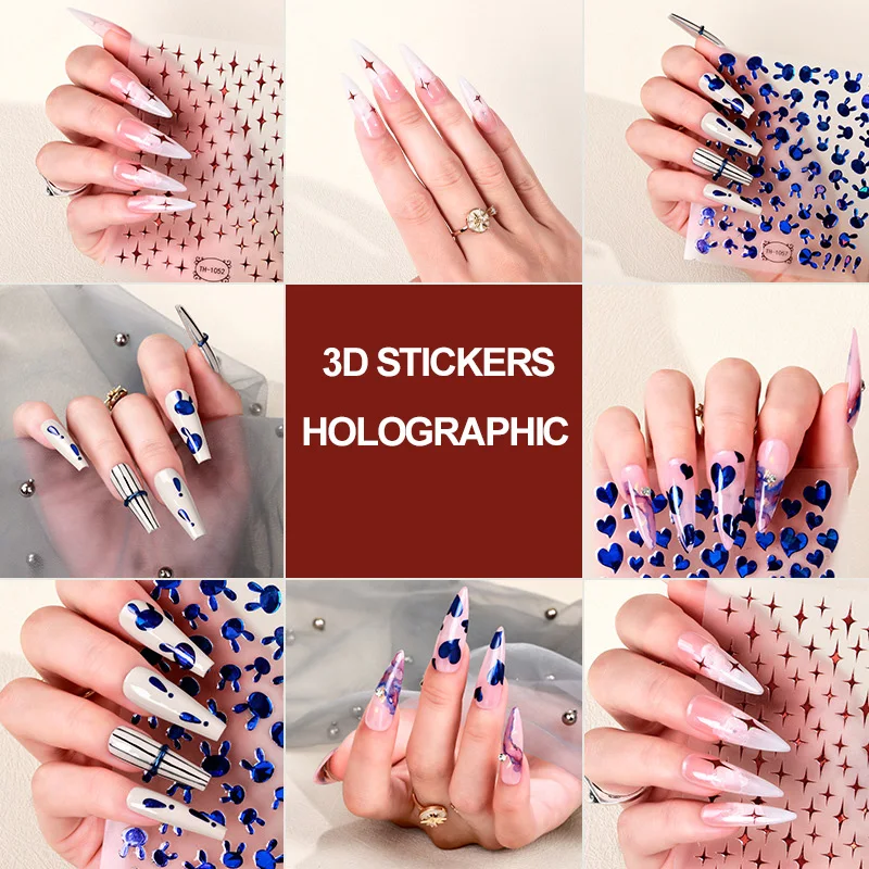 

3D laser stickers diamond blue red foils heart star raibbbit designs DIY manicure accessories ultra thin sliders nail art decal