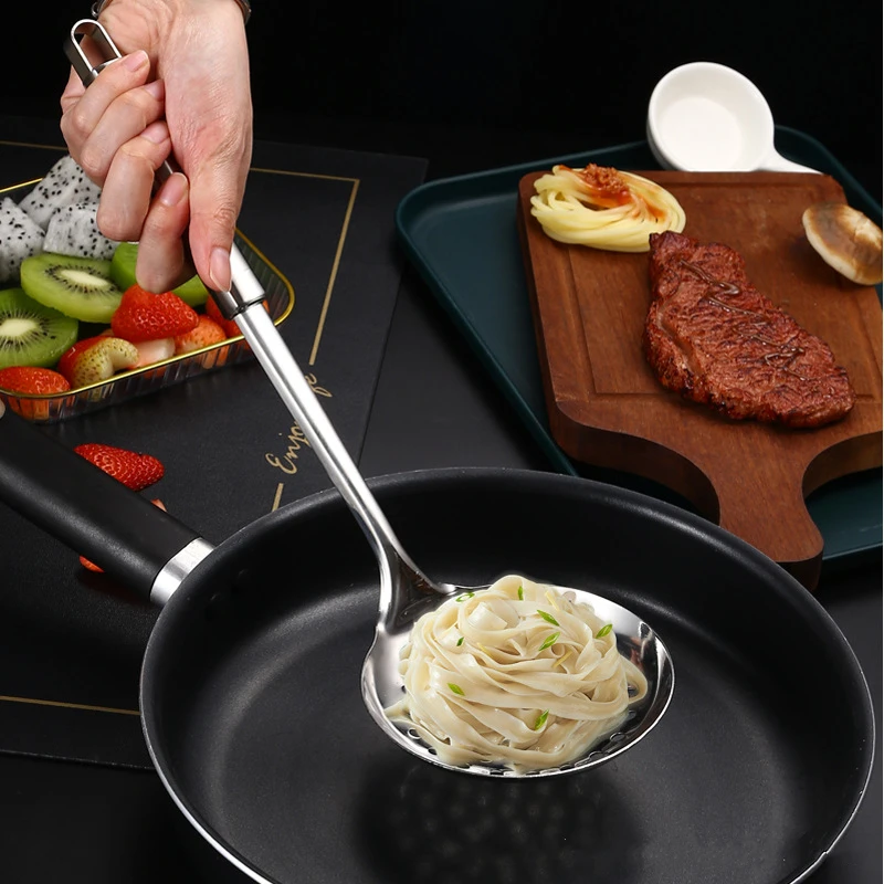 Description Picture 6 of item304 Stainless Steel Soup Ladle Enlarge Oil Skimmer Ramen Scoop Multifunctional Leaky Hole Pasta Strainer Kitchen Utensils