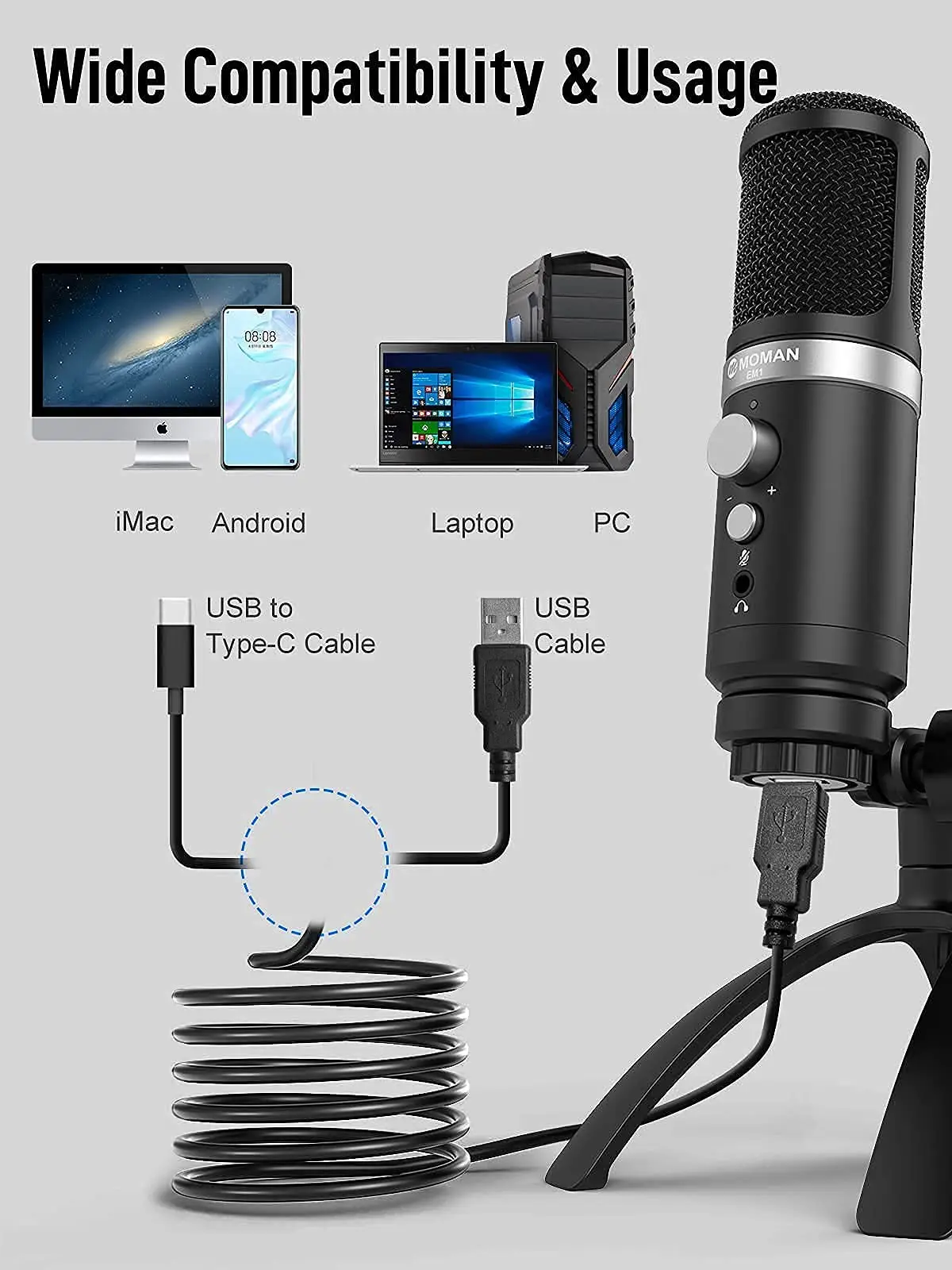 MOMAN EM1 Podcast Microphone USB PC Plug & Play for Recording Live  Streaming