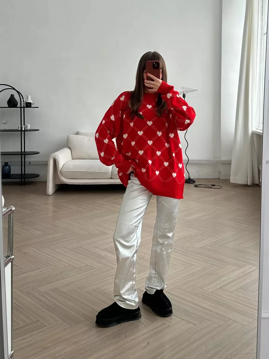 Autumn Printed Knitwear Pullover For Women Casual Patchwork Long Sleeve Contrast Loose Top Clothes Female Knit Pullover