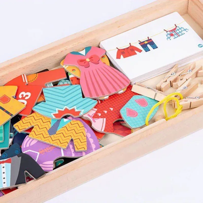 Montessori Hanging Clothes Wooden Puzzles Dress-Up Changing Sorting Matching Game Early Education Toys For Children Girls Gift 5