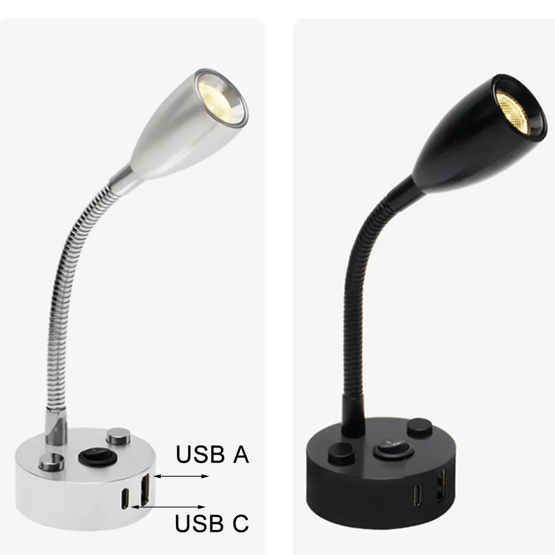 Gooseneck 12V RV Reading Light with USB Type C Quick Charger Flexible 24 Volt Light for Boat Camper Van Trailer Interior Lights 5