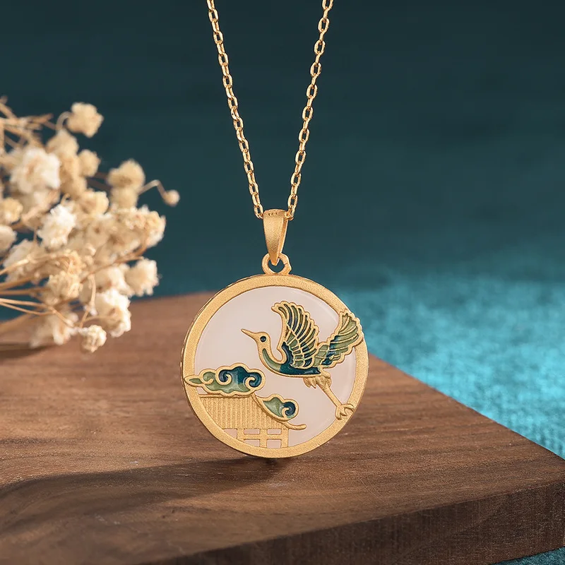 

2022 China Style Classical Accessories Necklace Enamel Paint Bird Inlaid Hetian Jade Pendant Gold Necklaces for Women Jewelry