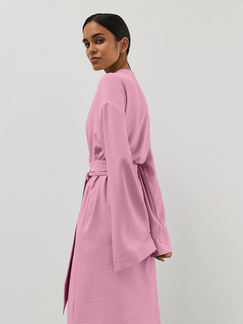 Marthaqiqi Loose Ladies Nightgowns Lace Up Nightwear Long Sleeve Robe Sexy V-Neck Bathrobe Mid-Calf Dress Causal Femme Sleepwear