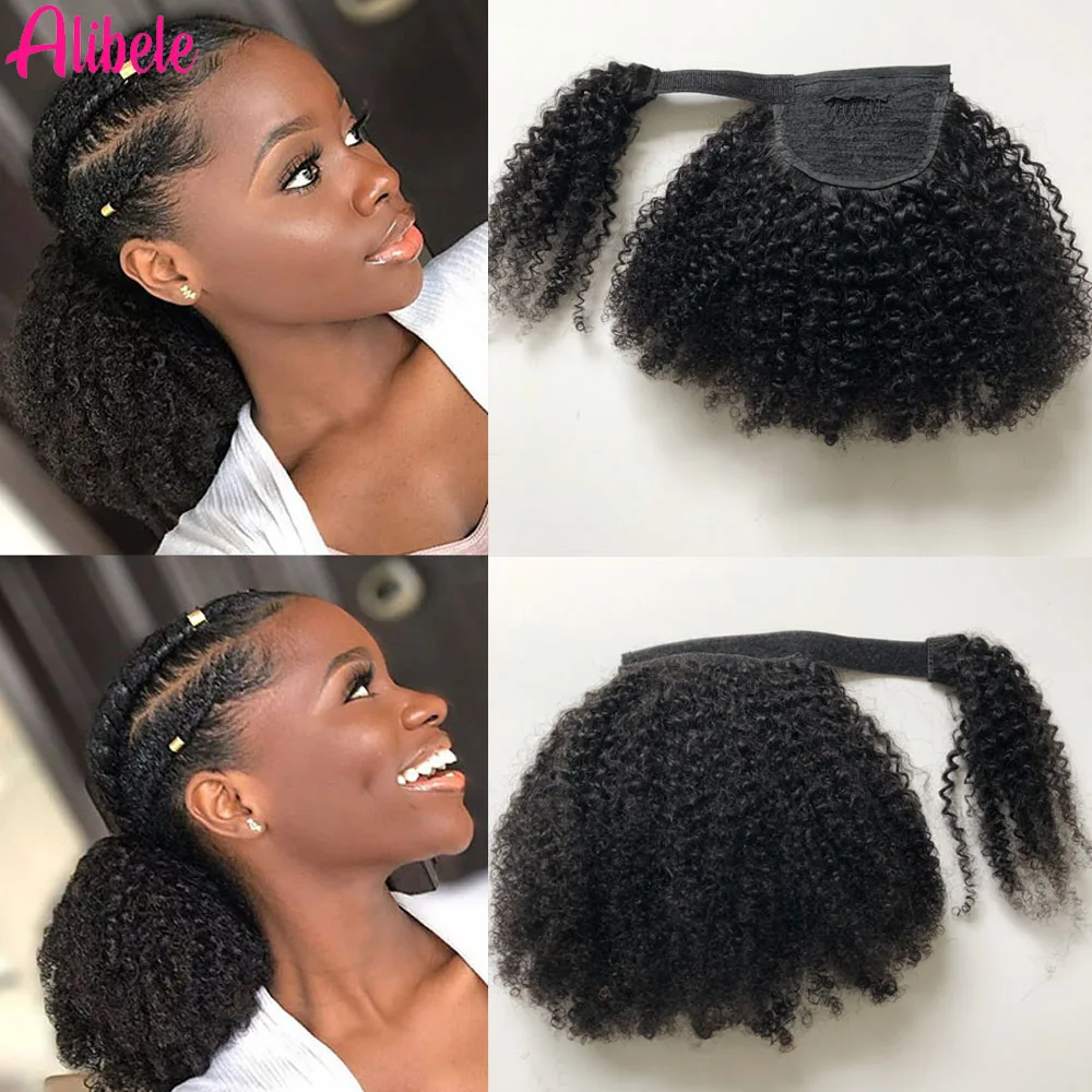 Alibele Afro Kinky Curly Wrap Around Ponytail Human Hair Extension Short Ponytail Clip in Hairpiece 4B 4C Remy Curly For Woman human hair extensions