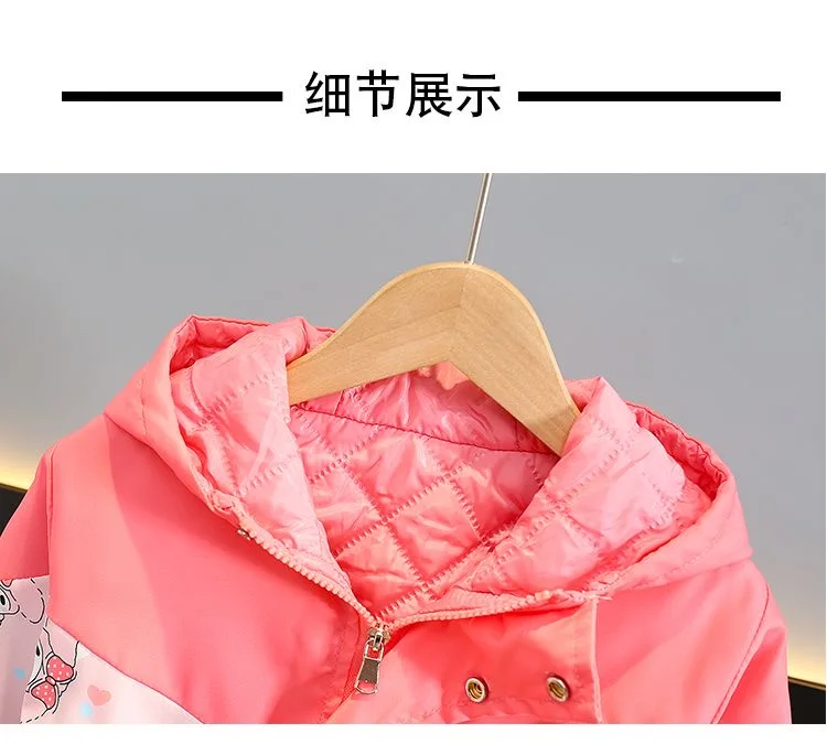 New Fashion Autumn Girl Cute Printed Jacket Toddler with Hooded Winter Warm Windproof Pink Coat Casual Clothing 3 to 8 year