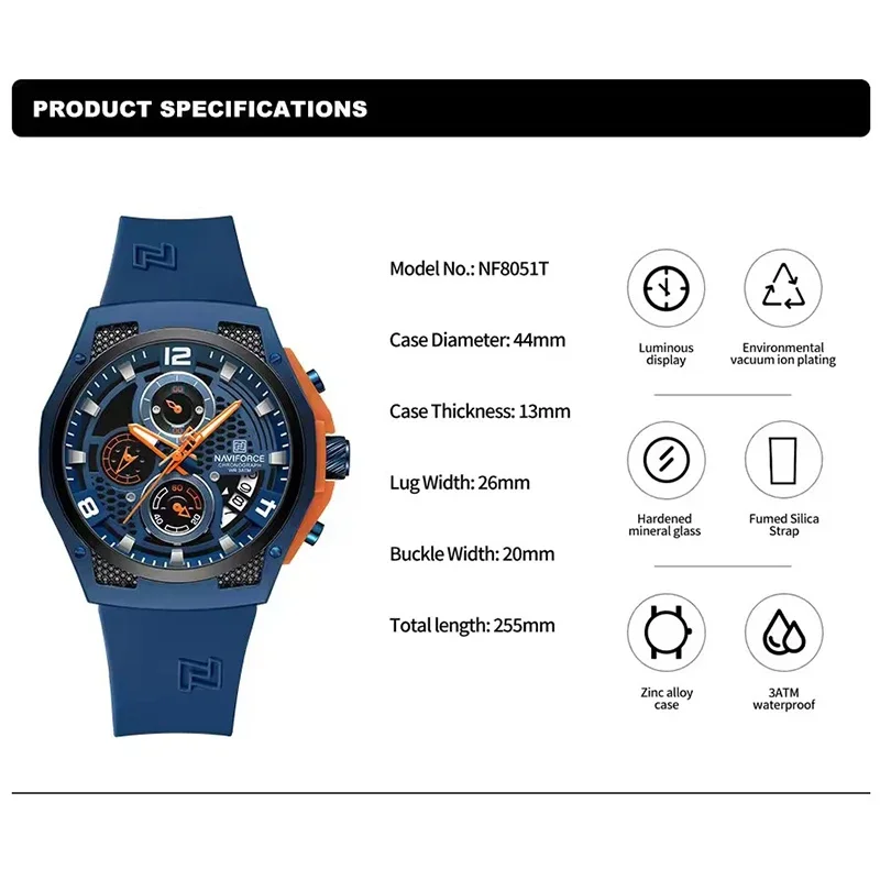 NAVIFORCE Men's Chic Dial Silicone Strap Waterproof Sports Chronograph Watch