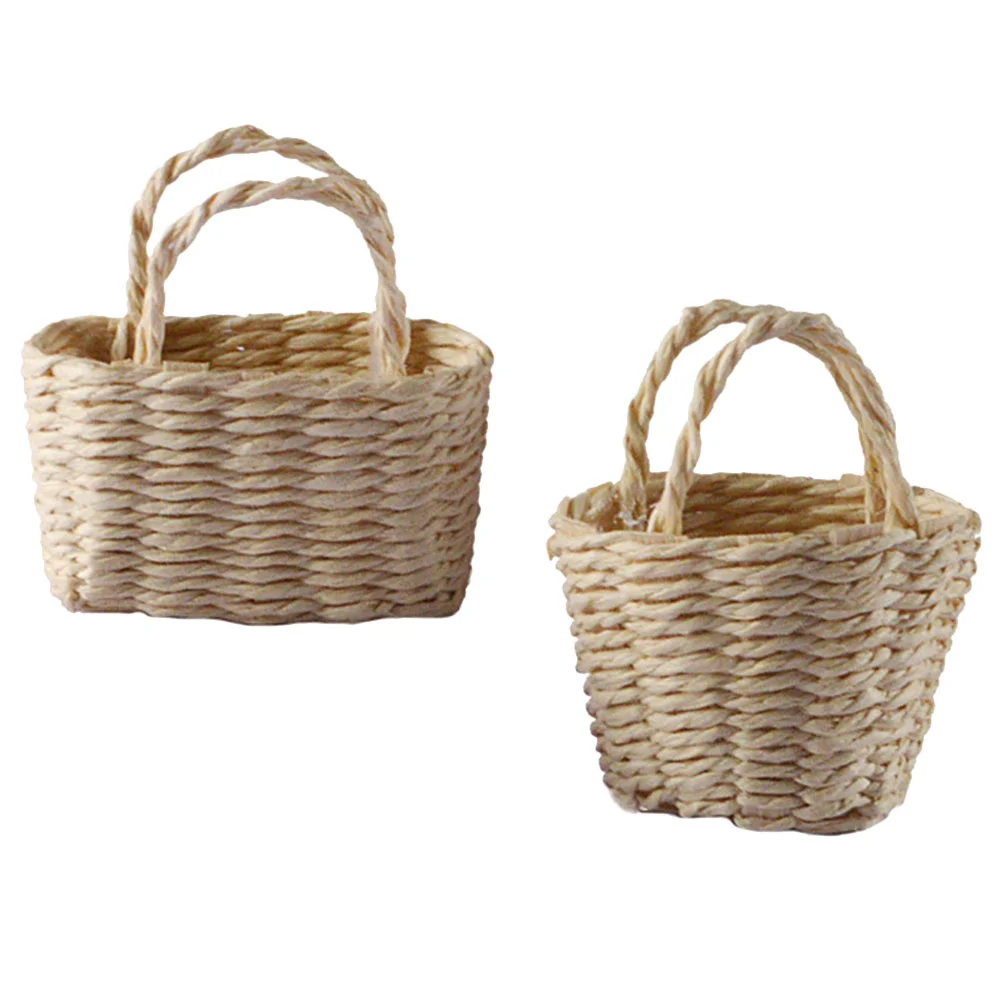 

2 Pcs Miniature Toys Baskets House Flower Ornament Bamboo Model Micro Scene