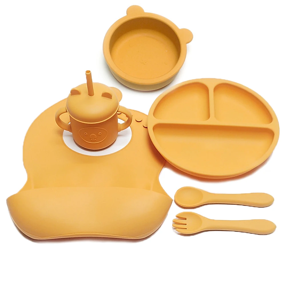 6pcs Children's Silicone Bowl with Compartment Tray and Bib Mug Children's Training Bowl, Fork and Spoon 4