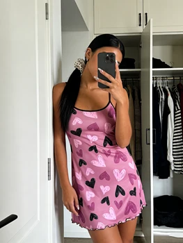 Women Summer Nightdress Spaghetti Strap Ruffle Trim Round Neck Home Loungewear Sleep Dress Cute Heart Print 1