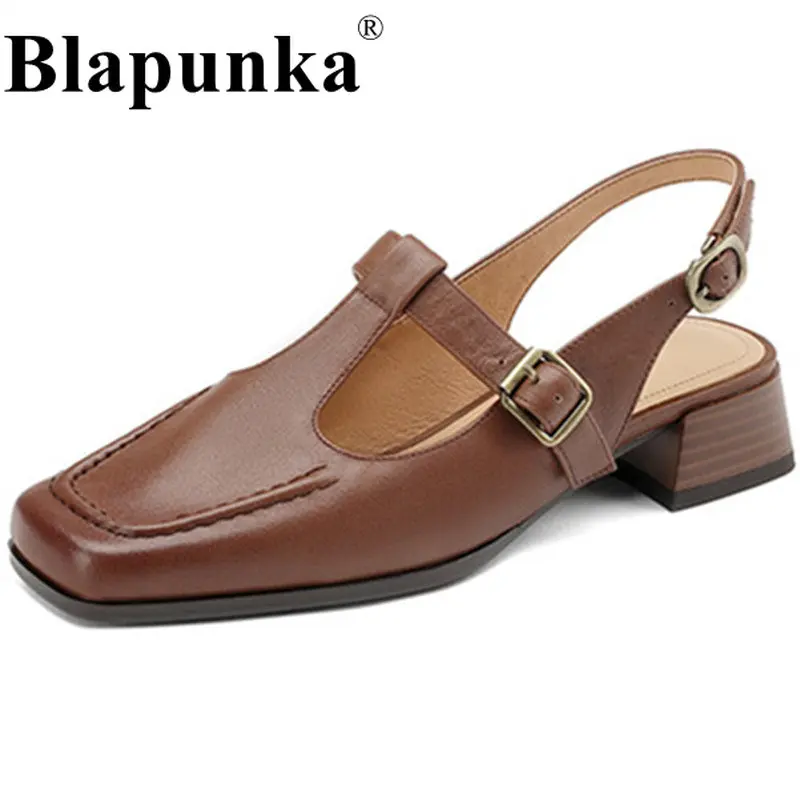 

Blapunka Women Natural Genuine Leather Slingback Shoes Medium Block Heels Pumps Woman Retro Double Buckle T-strap Shoe 34-41 NEW