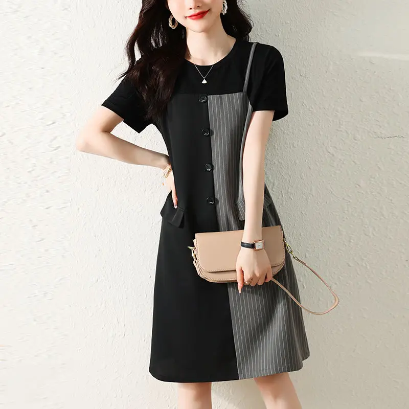 

Fashion Asymmetrical Striped Fake Two Pieces Casual Dress Women's Clothing 2024 Summer New Loose Commuter Short Sleeve Dress
