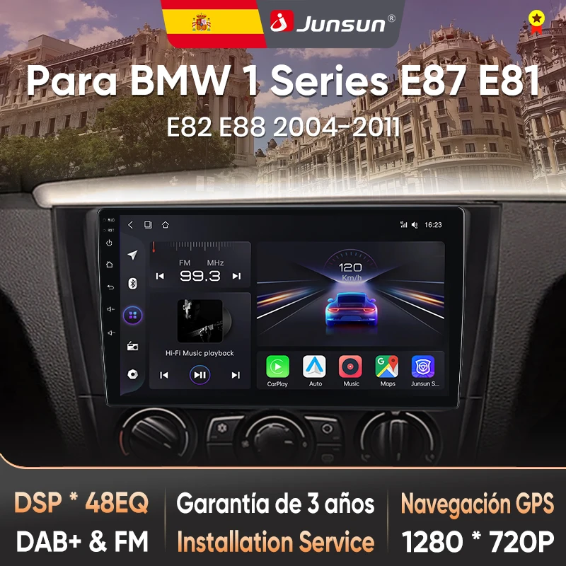 Radio para coche Junsun para BMW Serie 1 E87 E81 E82 E88 2004-2011, CarPlay inalámbrico, Android Auto, sistemas inteligentes, pantalla táctil IPS, DSP, navegación GPS, WiFi, DAB+ RDS, FM/RAM, BT, SWC, Plug and Play, reproductor multimedia 2DIN 1