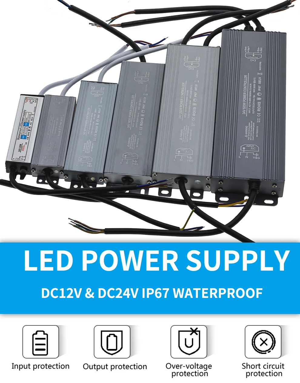 DC12V/24V LED Transformer Transformer Power Supply Waterproof IP67 for LED Strip 20-200W 