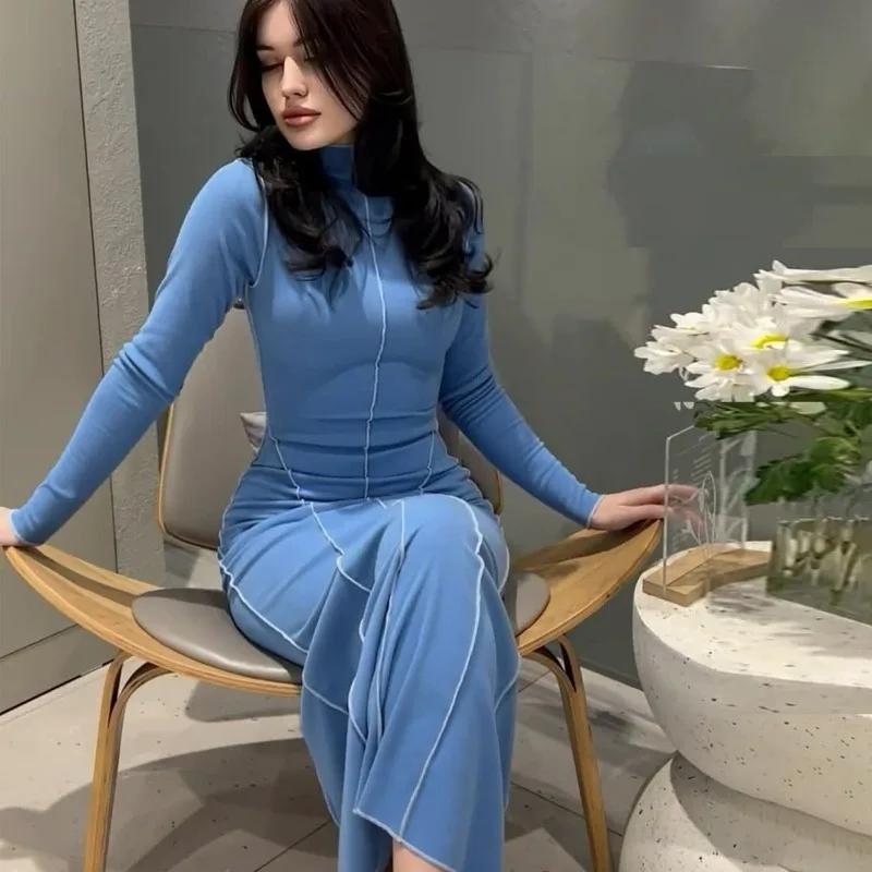 

Spring Autumn 2024 New Elegant Dress Women's Slim-Fit Solid Color Dress Women Sheath Long Sleeve High Collar High Waist Dress