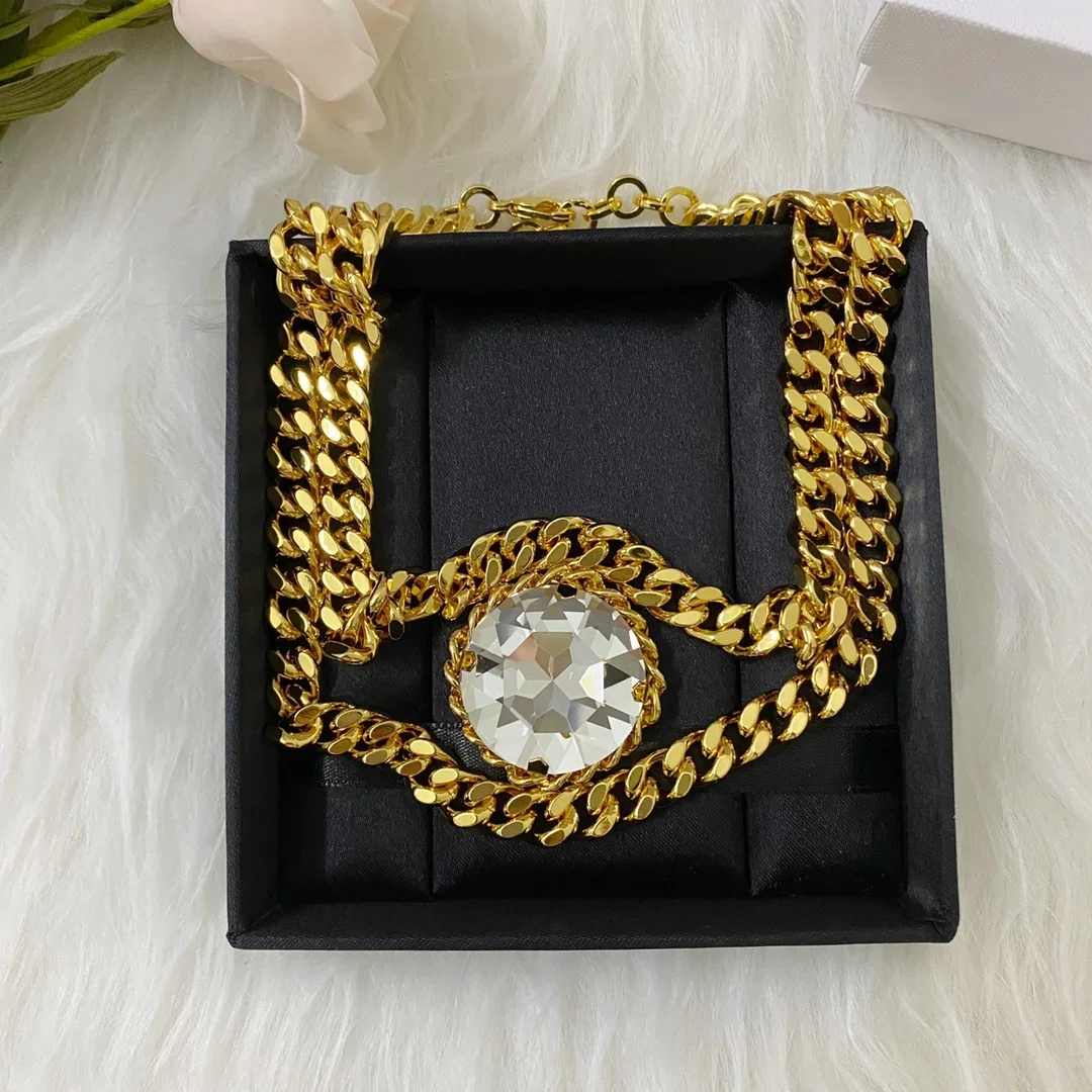 

Vintage Large Crystal Plated 18K Gold Chain Necklace Choker Women Jewelry Trend Famous Designer Brand European American