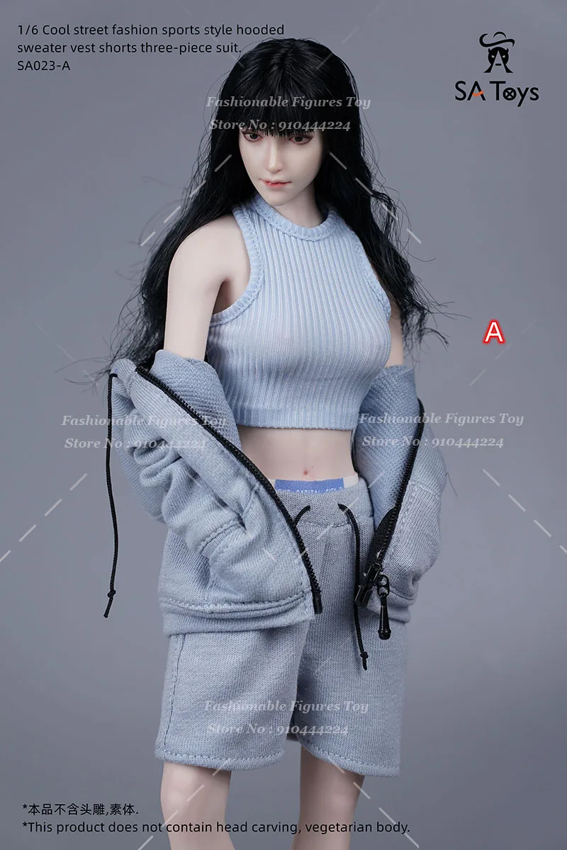 SA Toys 1/6 여성 군인 스포츠 후드 대형 지퍼 업 코트 슬림 조끼 캐주얼 반바지 복장 12 액션 피겨 모델