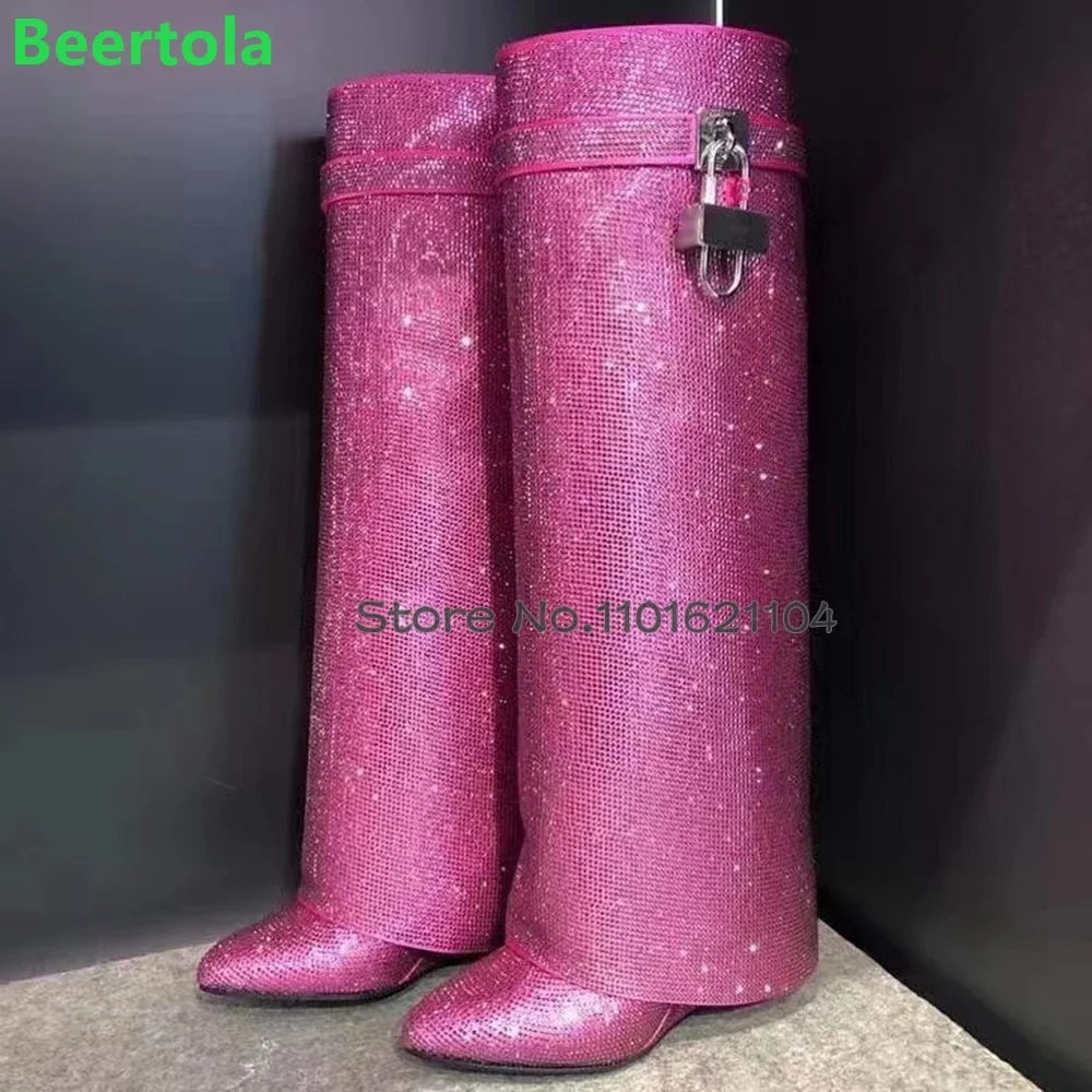 

Metal Lock Crystal Shark Boots For Female Women 2023 New Luxury Design Wedge Heel Solid Blingbling Runway Elegant Fashion Shoes