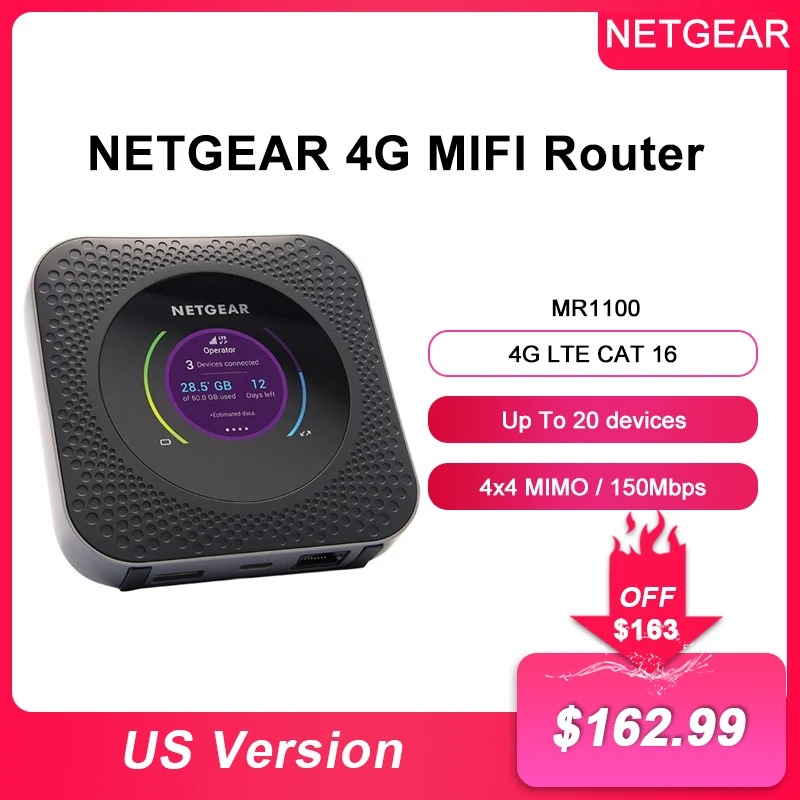 

NETGEAR Nighthawk M1 150Mbps Mobile Hotspot 4G LTE Router MR1100 Up to 1Gbps Speed Connect up to 20 Devices