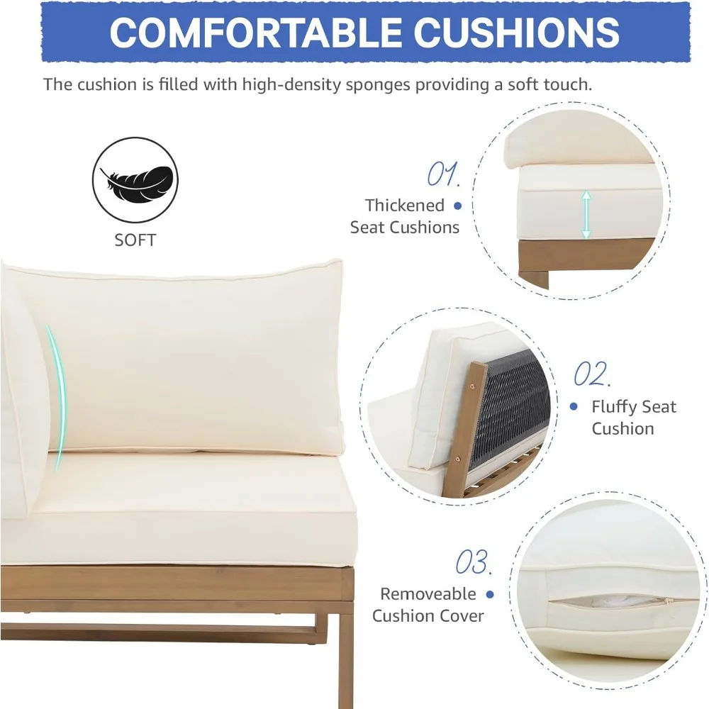 4 Piece Acacia Wood L-Shaped Outdoor Sectional Sofa Set with Built-in Side Table and Cream White Cushions, Conversation Set 4