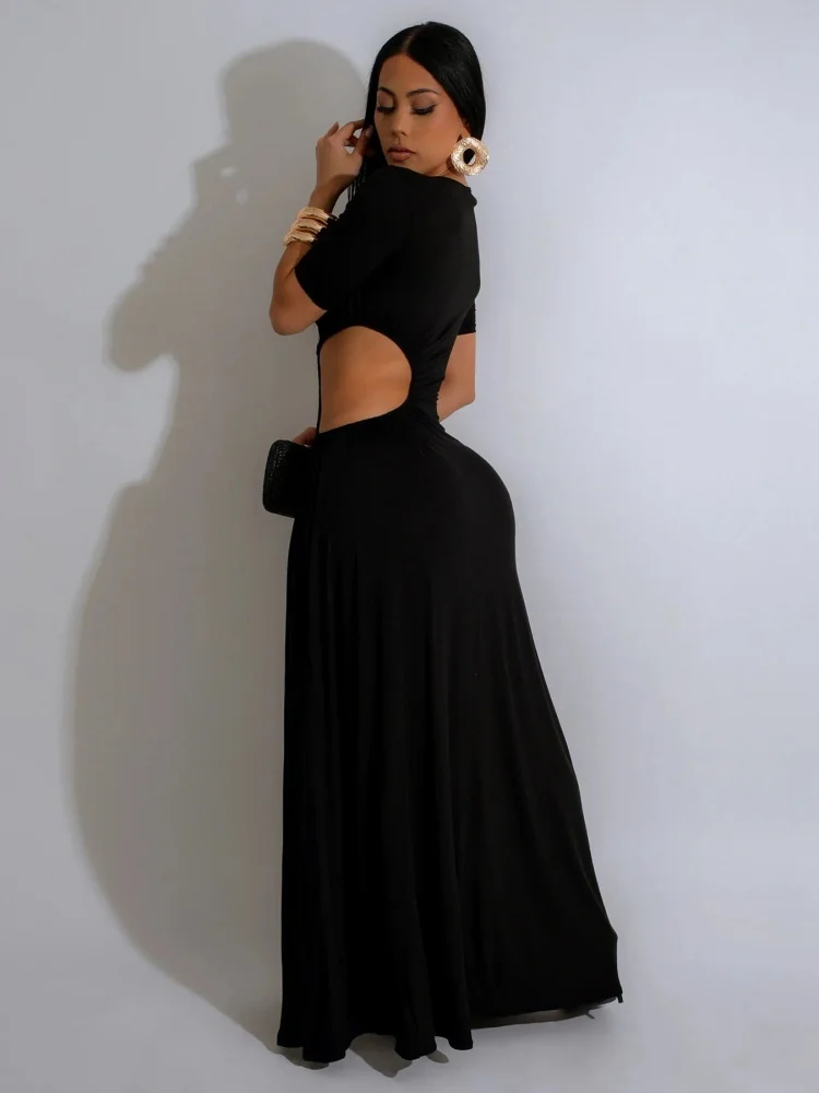 Wmstar 2025 New Women Fashionable Elegant Dress Sexy Low Waist Irregular Long Dress Solid Split Dress Solid Color Short Sleeve
