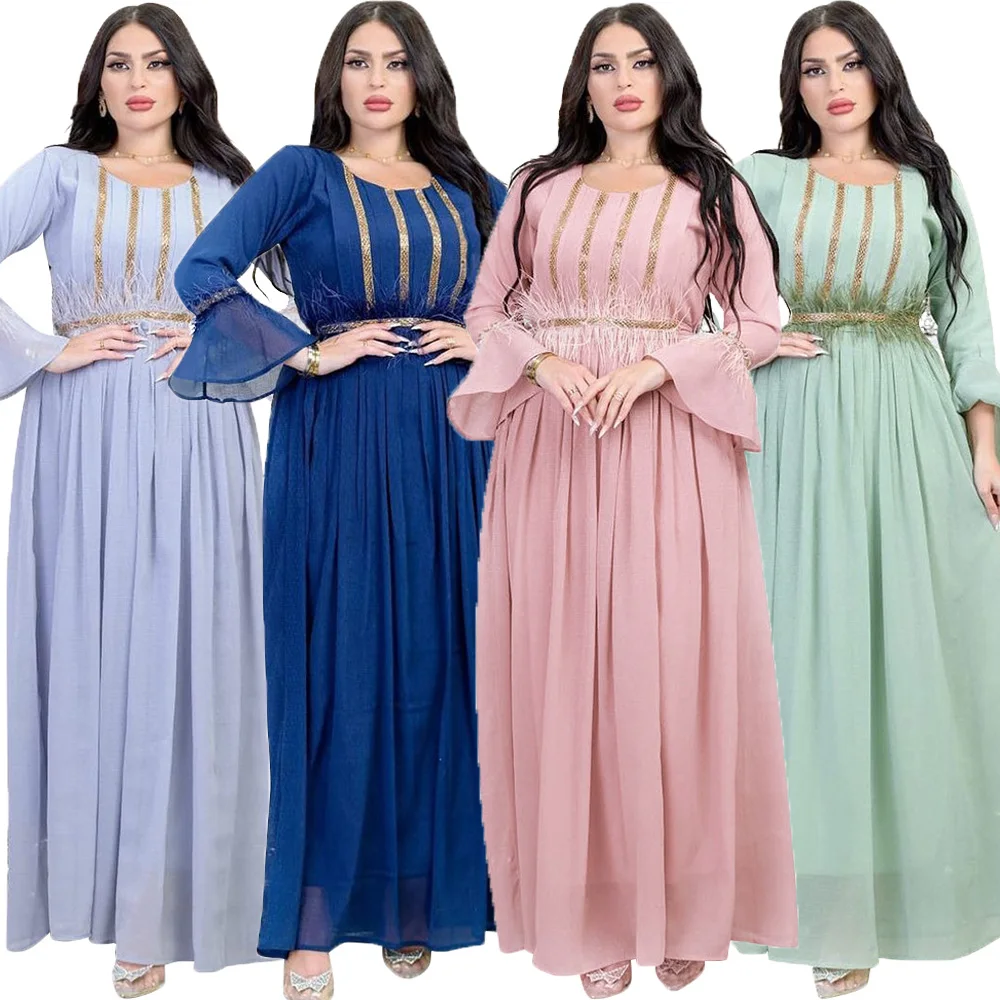 

Muslim Woman Dress Moroccan Jalabiya Dubai Rhinestones O Neck Long Sleeve Feather Chiffon Long Dress Abayas Evening Party Gown