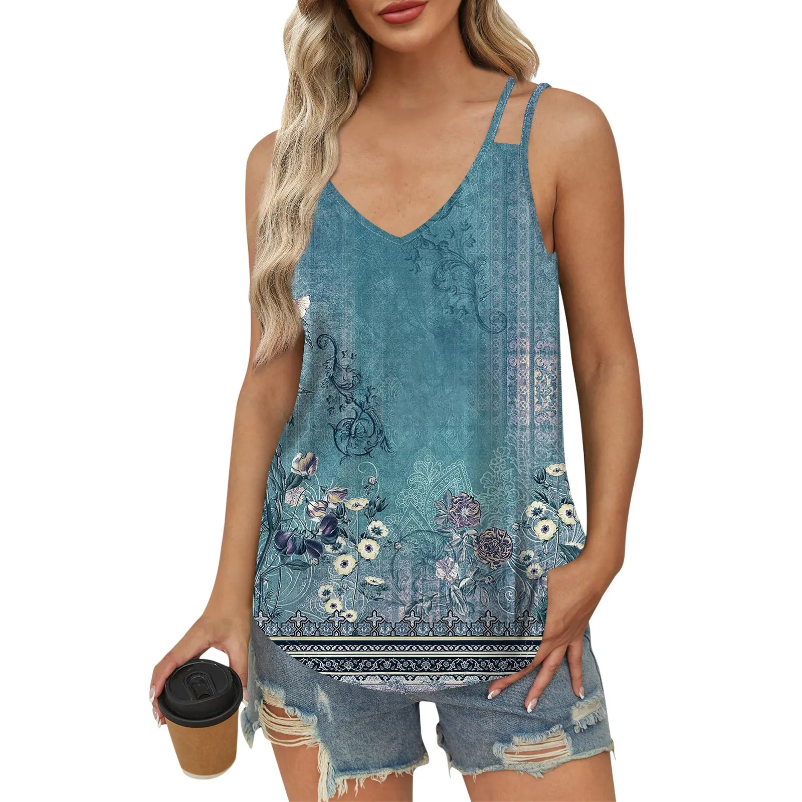 

Women Tank Top Casual Summer Print Tops 2024 Fashion Spaghetti Strap Sleeveless V Neck Shirts Sexy Camisoles винтажная одежда